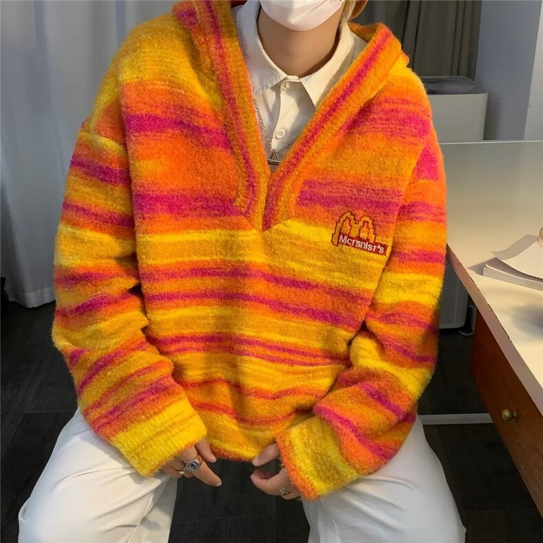 美式复古刺绣条纹连帽毛衣男女同款秋冬装宽松百搭针织衫外套,男装针织衫/毛衣,星座506A