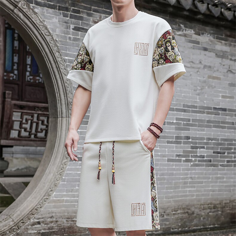 夏季拼接男士休闲运动套装男宽松刺绣T恤一套潮A266-TZ8807-P47,男装T恤,电商A266