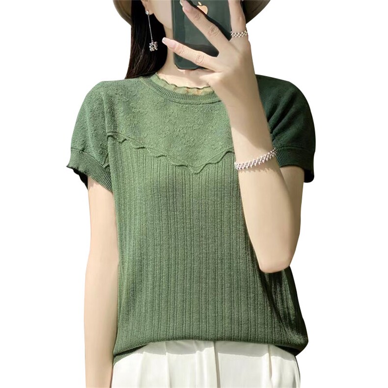 白色短袖t恤女2025新款小香风别致立体钩花夏季蕾丝冰丝针织上衣,针织衫/毛衣,萱芳婷羊绒