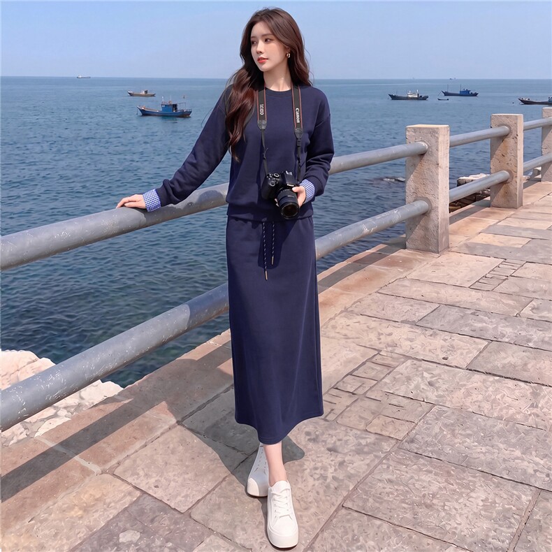 高端运动休闲套装女秋季新款宽松圆领显瘦卫衣直筒半身裙两件套潮图片