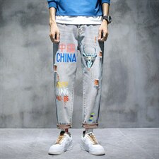 【秋冬主推】日系男宽松胶印牛仔裤大码哈伦裤休闲长裤NZ378--P50，男装牛仔裤，电商B278