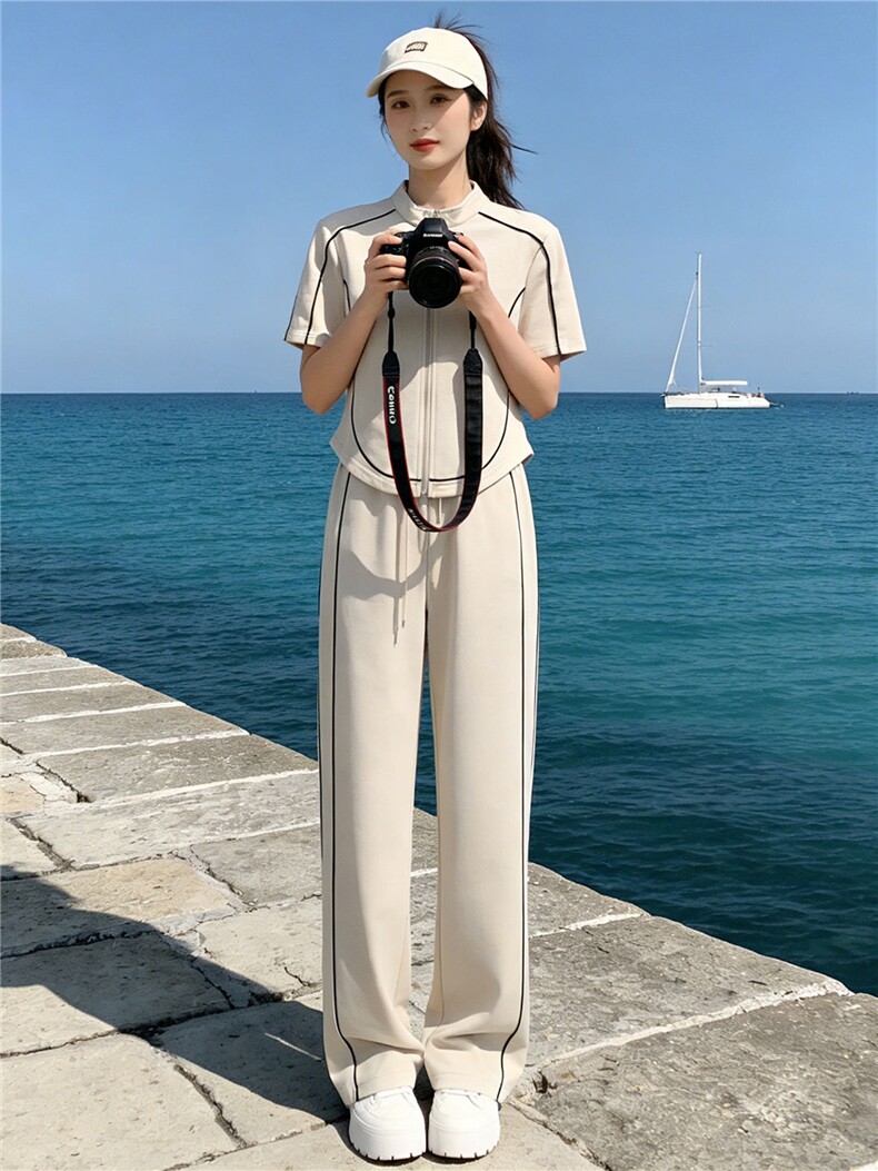 时尚休闲套装女夏新款修身显瘦条纹拼接立领开衫上衣阔腿裤两件套,女装套装/套裙,江南