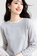 时尚条纹圆领长袖针织衫秋季新款百搭休闲毛衣显瘦修身女款，女装针织衫/毛衣，斯美雅安迪绒