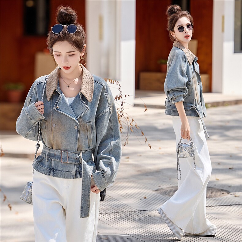 2026春新款高端编制皮领炒染色重工百搭收腰短款牛仔外套，女装短外套，瑶迪依秀