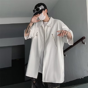 美式暗黑复古拉链短袖衬衫男夏潮牌外穿痞帅衬衣宽松外套帅气学生图片
