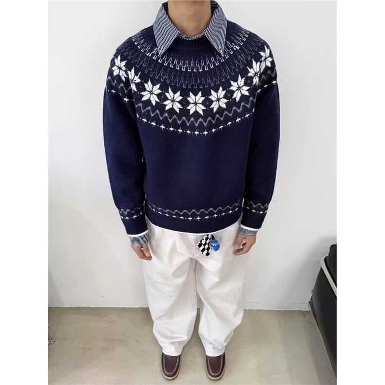 秋季新款复古重磅费尔岛提花圆领针织衫男女宽松情侣休闲打底毛衣,男装T恤,星座506A