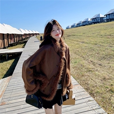 慵懒风仿狐狸毛条麂皮羽绒服女冬季2025新款棕色高级感白鸭绒外套，女装羽绒服，2D078