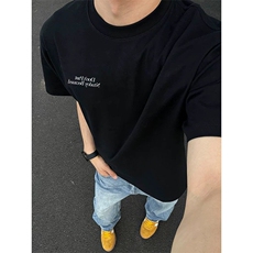 美式高街黑色小领口t恤男款夏季字母印花短袖cleanfit潮牌半截袖，男装T恤，星座809A(原222-1)