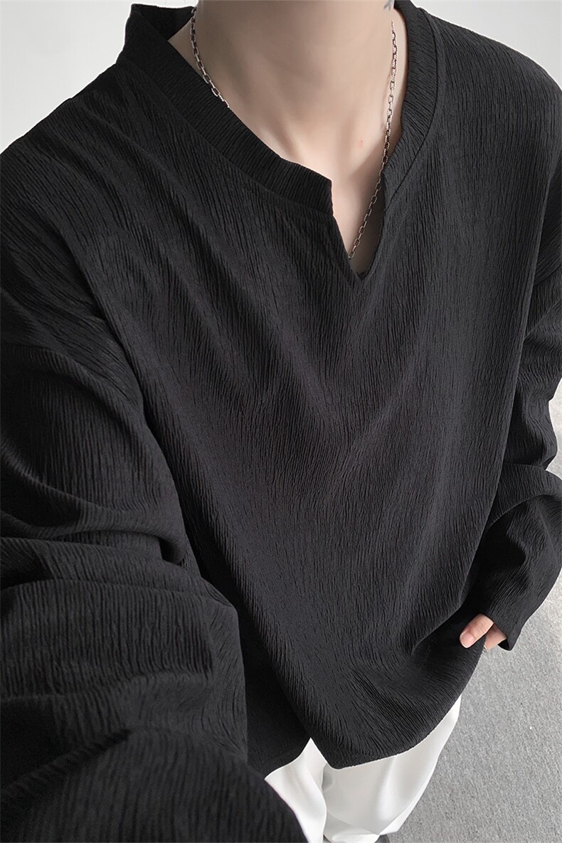 现货T10163-特P26控48新款V领纹理感港风打底长袖大码T恤男,男装T恤,电商A059