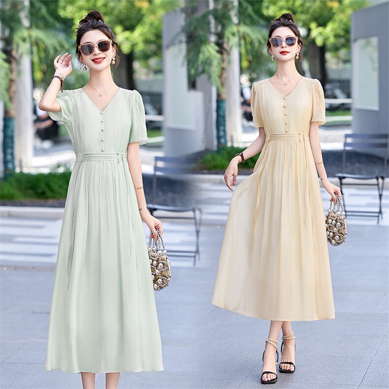 高端轻奢天丝连衣裙女夏季气质法式洋气绝美高级感显瘦遮肚裙子夏，女装连衣裙，鑫鑫美