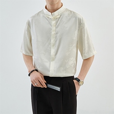 夏季新中式风立领竹叶短袖衬衫男冰丝衬衣A236-0861-特P35，男装T恤，电商A236