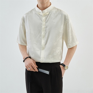 夏季新中式风立领竹叶短袖衬衫男冰丝衬衣A236-0861-特P35图片