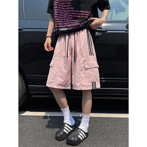 8XL-M三条杠工装短裤大码休闲运动中裤条纹冰丝五分裤DK1303/P48图片