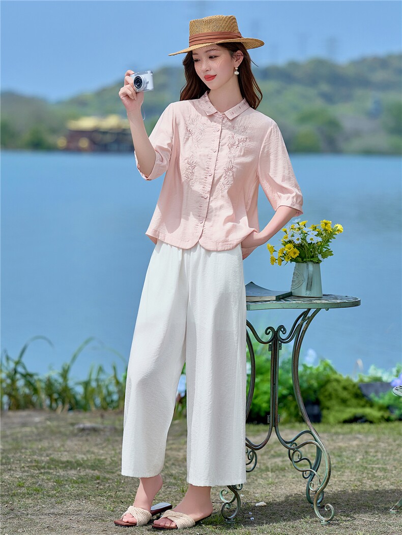 现货！现货！2026夏季新款时尚刺绣短袖上衣阔腿裤两件套,女装套装/套裙,以桐