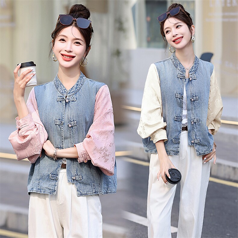 专柜同步~【莎】新中式盘扣牛仔拼接设计外套气质上衣~专柜价949，女装牛仔外套，星宇服饰