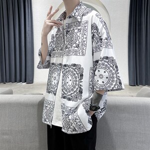 2023夏装男印花冰丝短袖衬衫青少年潮流宽松碎花衬衣A071-C16-P35,男装衬衫,电商A071