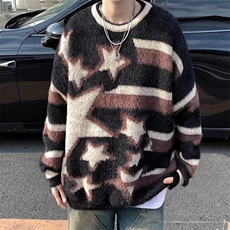 美式复古条纹马海毛绒针织衫男秋冬保暖宽松情侣款毛衣，男装针织衫/毛衣，星座716-3
