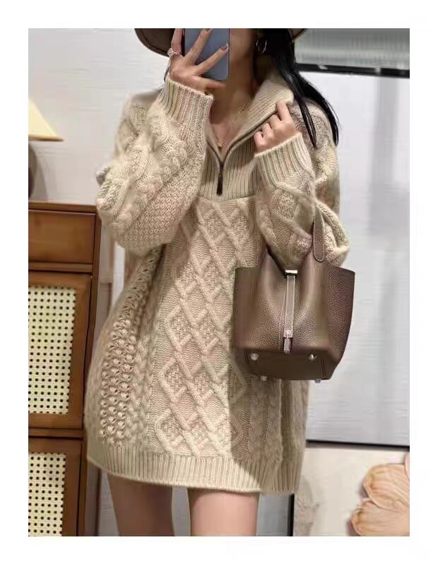 气质百搭纯色简约精致35%羊绒衫女立领显瘦中长款上有，女装羊绒衫，隆秋羊绒