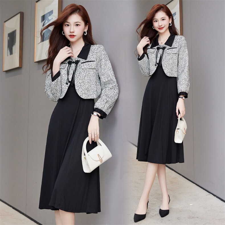2023秋新款时尚百搭撞色拼接短款外套加连衣裙高端气质两件套，女装套装/套裙，时尚俏佳人