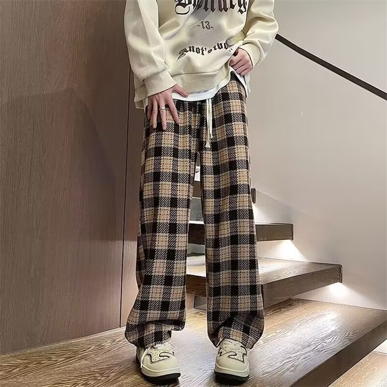 美式复古法格子裤男春秋潮牌绿色小香风裤子直筒休闲长裤,男装休闲裤,星座1013