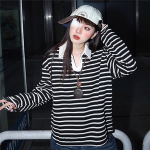 条纹设计INS风翻领衬衫女百搭通勤撞色T恤长袖上衣春秋TX0049