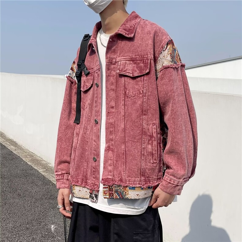 美式复古情侣拼接撞色牛仔外套男春秋宽松帅气夹克上衣JK337-P85图片