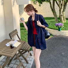 休闲时尚牛仔衬衫短裤套装女夏2025新款大方得体穿搭三件套巨好看，女装套装/套裙，2D044