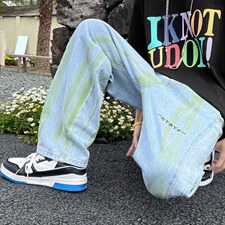 美式高街扎染牛仔裤男女ins宽松学生设计感小众阔腿裤潮N148-p45图片