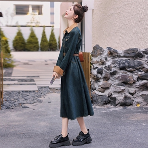 新款现货2026秋装复古色假两件衬衫领可脱卸牛仔连衣裙（配腰带）图片