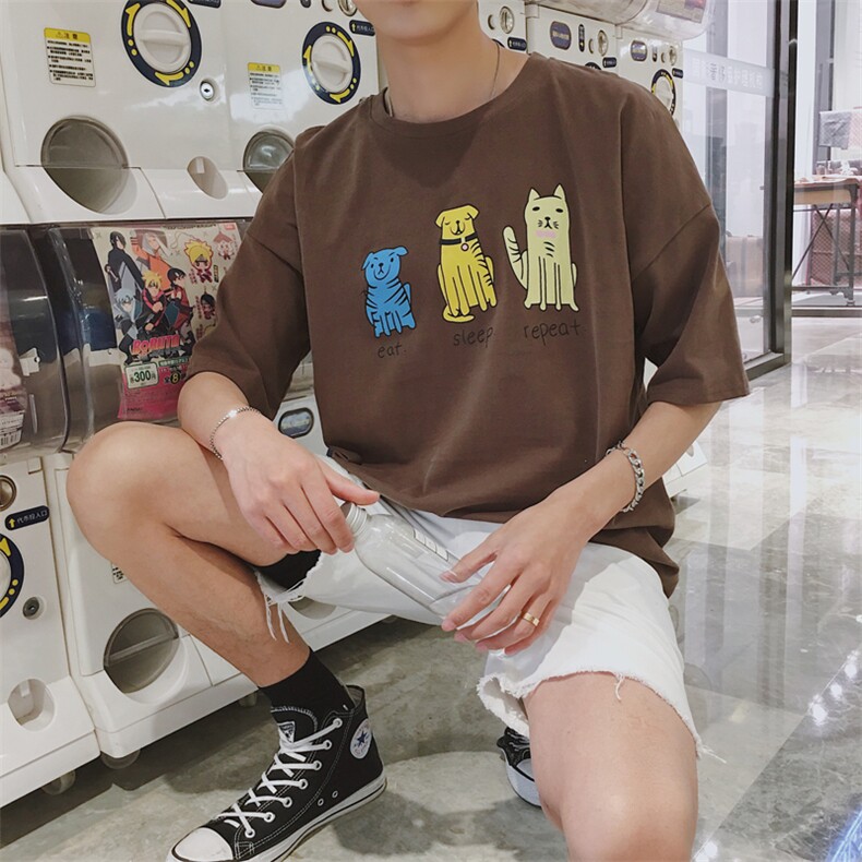 夏季韩版男装3只小狗卡通青少年圆领宽松短袖休闲t恤衫潮T图片