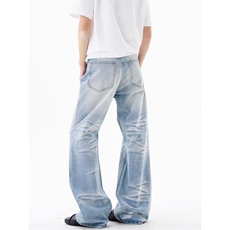 浅蓝色水洗牛仔裤男女宽松美式复古直筒高街牛仔裤N7862-P55，男装牛仔裤，星座1001-1