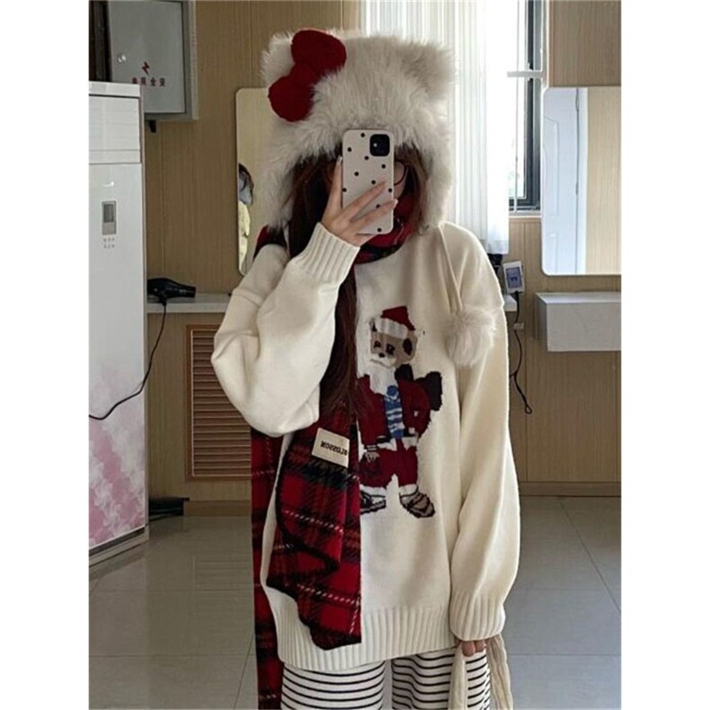 甜美慵懒风圣诞老人提花套头毛衣女学生秋冬奶呼呼宽松加厚针织衫图片