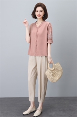 中老年棉麻衬衫套装夏装薄款2025新款女妈妈大码五分中袖两件套，女装套装/套裙，依恋蒂丝