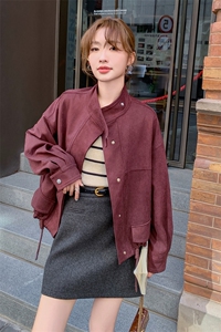 港风复古红色麂皮绒外套女2025春季新款高级感立领休闲小个子上衣图片
