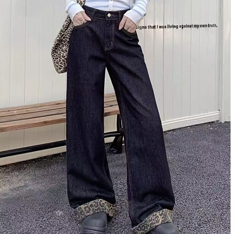 慵懒松弛感豹纹拼接卷边牛仔裤男女新款高腰直筒拖地阔腿裤NK117,男装牛仔裤,星座1116A（原606A-3）
