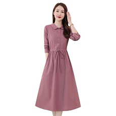 秋季新款纯色棉麻大码修身显瘦长袖连衣裙，女装连衣裙，鑫思依格