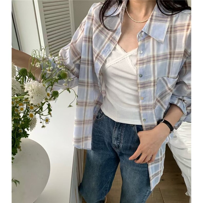 实价蓝色格子衬衫女2025早春外搭设计感小众时尚外穿衬衣夏季外套,男装衬衫,星座506A
