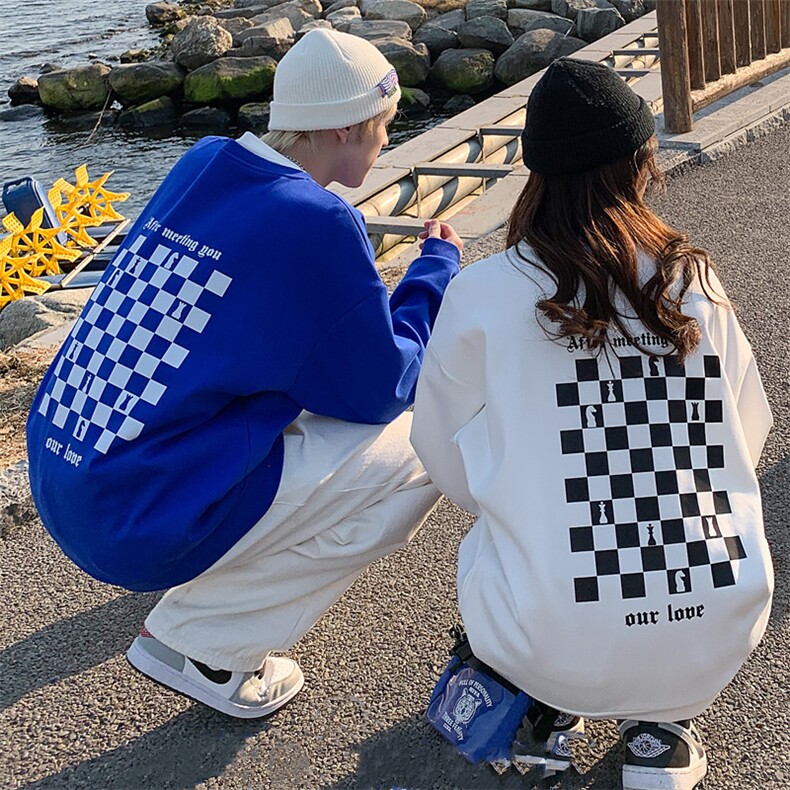 roora情侣装卫衣男女克莱因蓝棋盘格潮牌圆领上衣W8358-P35官图,男装卫衣,电商B245