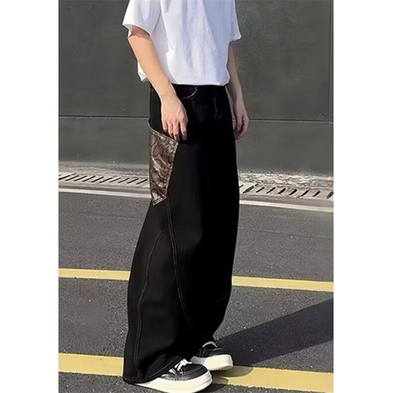 蛇纹口袋弯刀牛仔裤阔腿男女裤子宽松拖地休闲裤直筒裤NB288,男装牛仔裤,星座1116A（原606A-3）