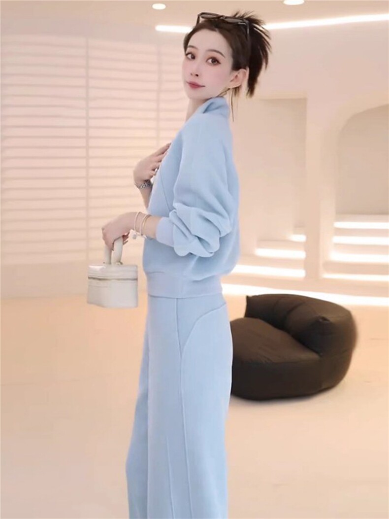 韩版休闲运动套装女春季新款洋气显瘦半开立领卫衣直筒长裤两件套,女装套装/套裙,江南