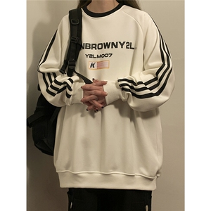中性风三杠条纹圆领卫衣字母印花设计休闲卫衣男WY77765P48控68图片