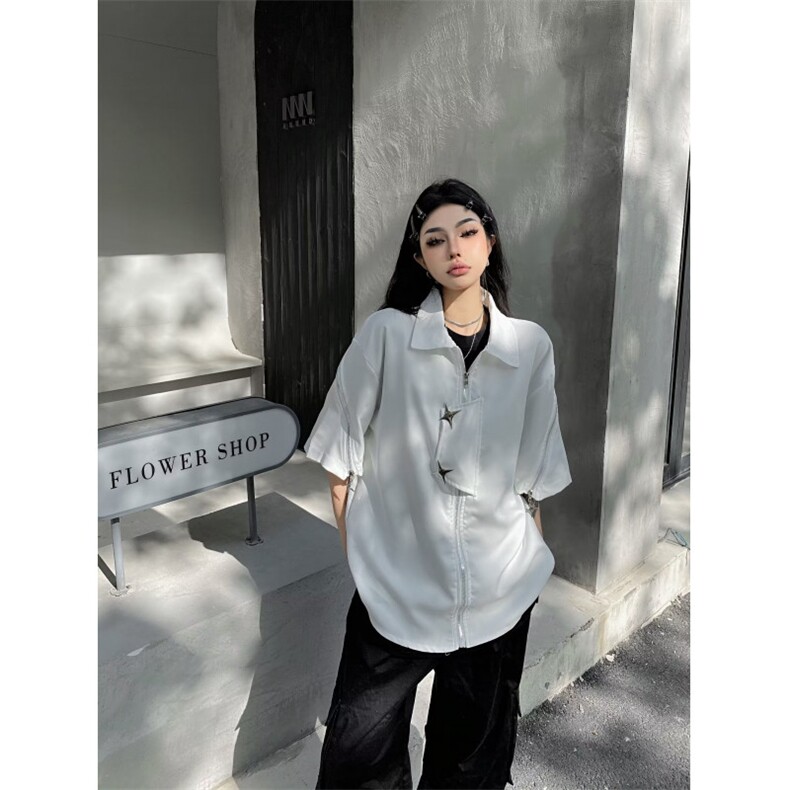 美式复古雅痞黑色拉链短袖衬衫新款女潮牌宽松风百搭拉链上衣,男装衬衫,星座601-2