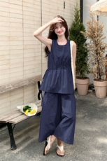 松弛感休闲无袖上衣套装女夏2025新款轻熟风气质通勤阔腿裤两件套，女装套装/套裙，1D066-1