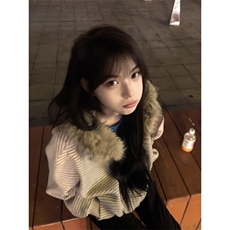 条纹连帽毛领外套男女款秋冬新款装宽松百搭卫衣开衫WY315P88，女装短外套，星座1013-5