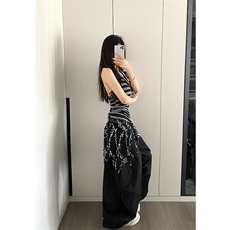 BabyStudios美式辣妹流苏亮片屁帘宽松运动裤女阔腿休闲伞兵裤夏，女装休闲裤，星座1210-1