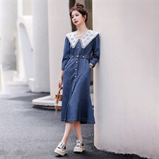 2022时尚新品牛仔连衣裙蕾丝娃娃领,女装连衣裙,钱塘布衣
