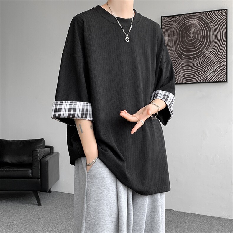 现货A059-7822-P38控58夏季高品质冰丝短拼色宽松大码T恤短袖,男装T恤,电商A059