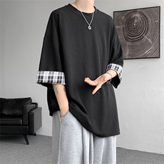 现货A059-7822-P38控58夏季高品质冰丝短拼色宽松大码T恤短袖，男装T恤，电商A059