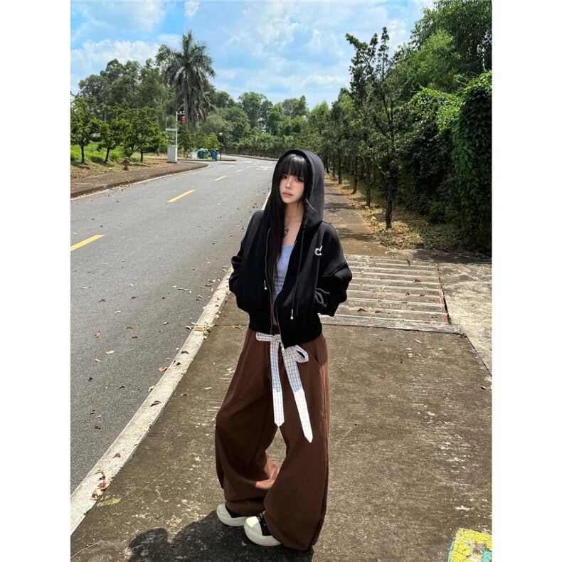 韩系设计感蕾丝飘带复古时尚休闲慵懒松弛感垂感拖地阔腿裤女,男装休闲裤,四季星座505