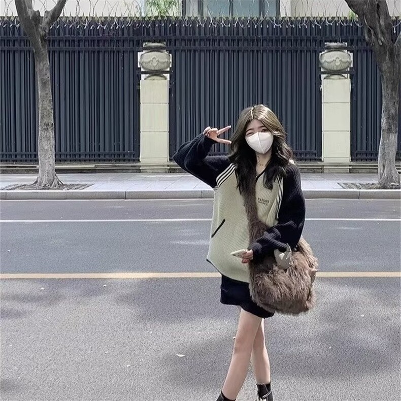 778-P55潮牌拼色毛衣女秋冬季美式复古百搭宽松半开拉链针织衫,男装针织衫/毛衣,电商B323A